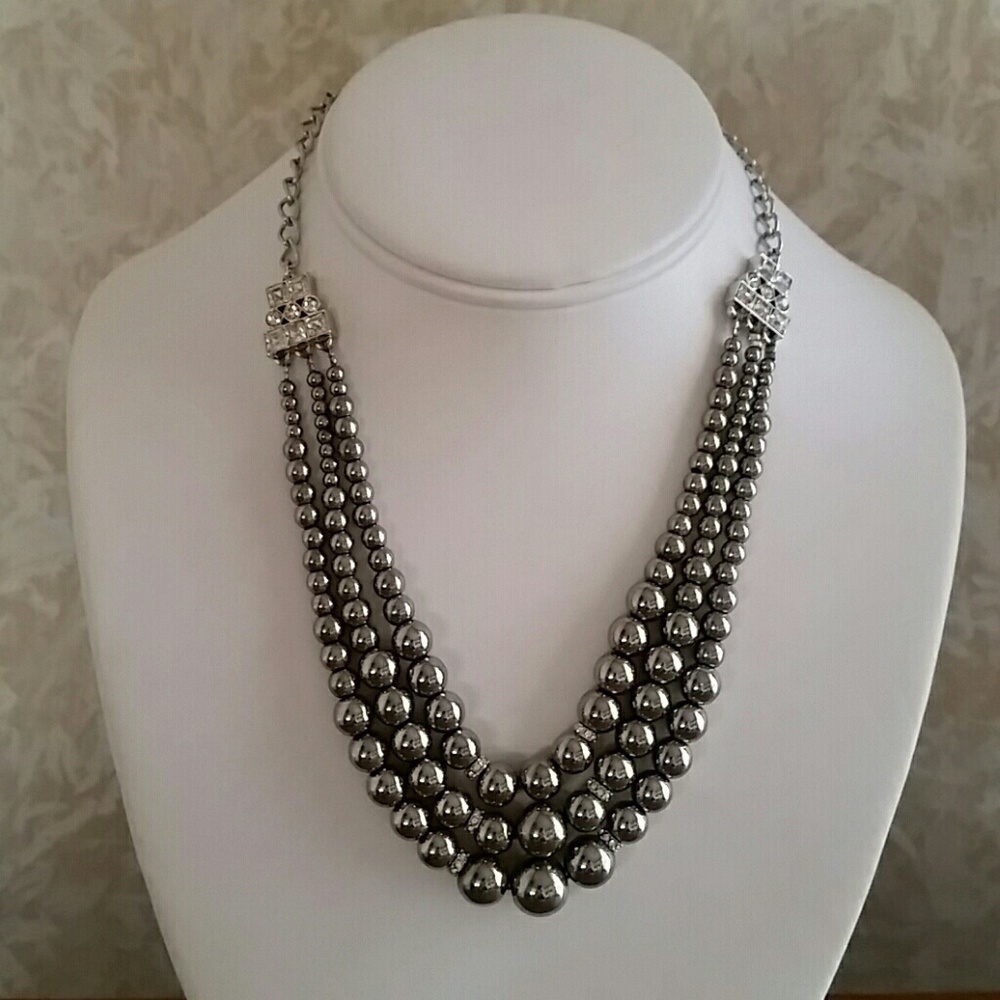 Multi-Strand Silver Tone Bead Statement Necklace - Women Jewelry